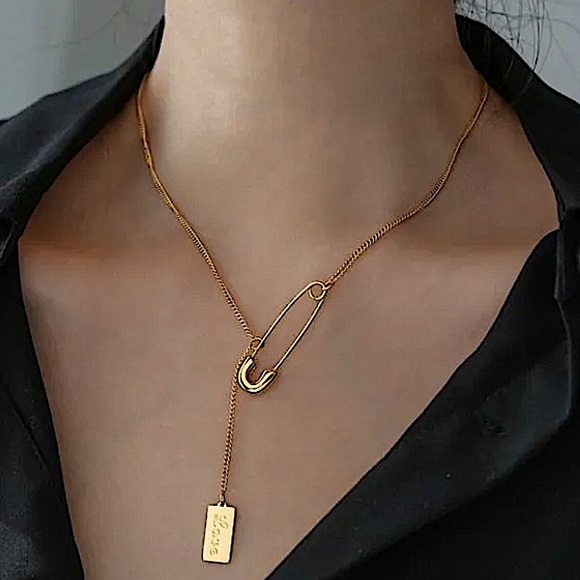 Safety Pin Gold Plated Love Necklace - Picture 1 of 14